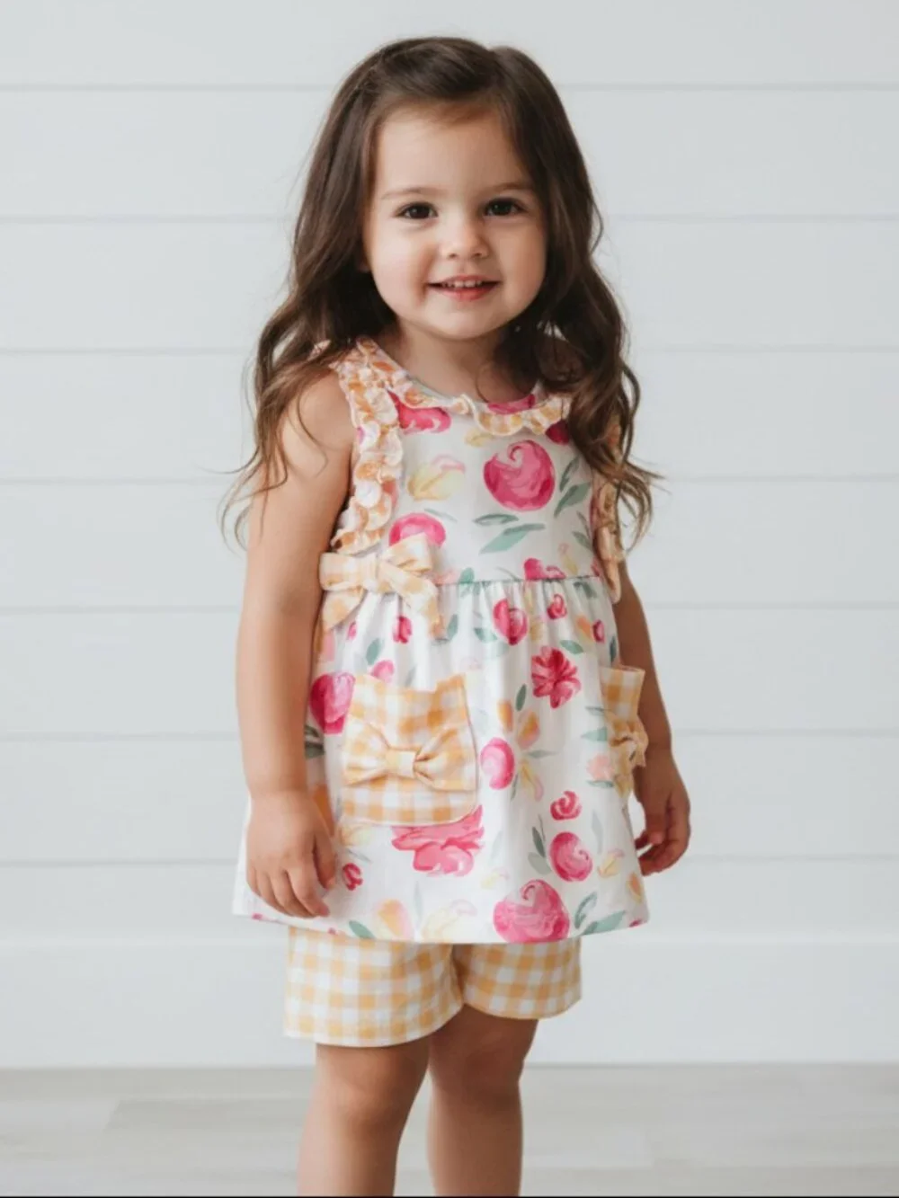 Yellow Checks & Flowers Ruffle Short Set, girl